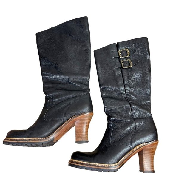 Frye Shoes - Frye Womens Mildred Boots Black Leather Stacked High Heel Mid Calf Buckle 9.5 M